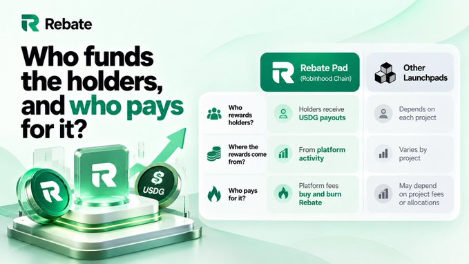 A Rebate explainer graphic asks “Who funds the holders, and who pays for it?” and compares “Rebate Pad (Robinhood Chain)” with “Other Launchpads,” including rows about holders, rewards, platform activity, and fees.