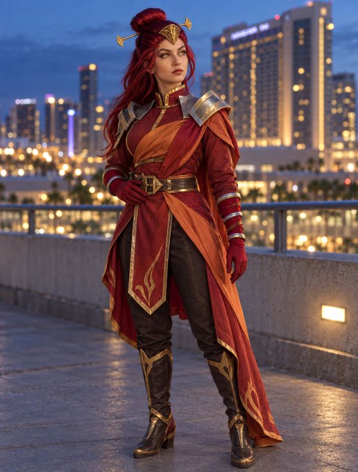 A cosplay photograph of a woman dressed as a red-haired warrior in red and gold armor with a flowing cape, standing on an elevated walkway with a city skyline at dusk behind her.