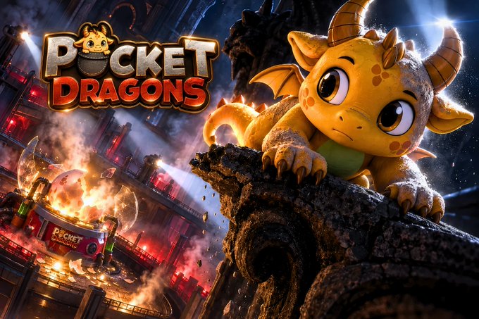 Promotional artwork for 'Pocket Dragons' featuring an adorable yellow dragon peeking over a stone ledge with a fiery industrial cityscape in the background.