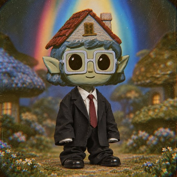 A whimsical illustration features a small green-skinned character with a house-shaped head, large glasses, and a black suit with a red tie, standing in a fantastical village with mushroom houses and a rainbow.
