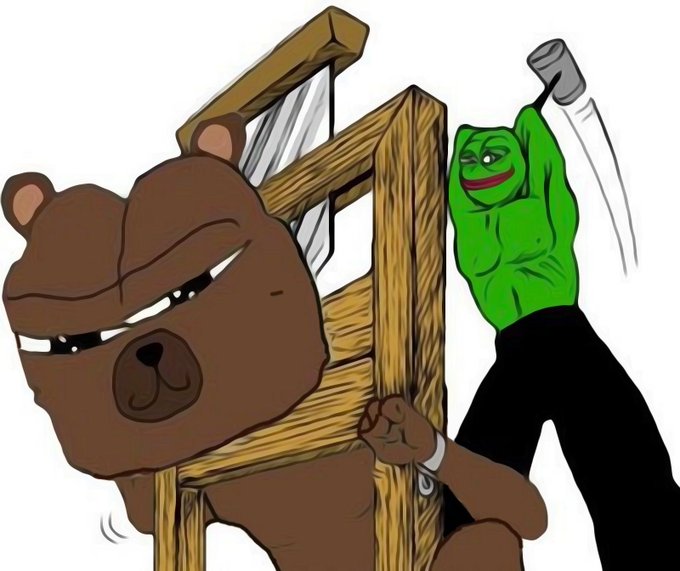 A cartoon drawing of an angry brown bear holding a wooden chair while a muscular green Pepe the Frog character stands behind wielding a large hammer.