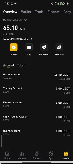 The image shows a crypto exchange app's Assets overview screen displaying a total asset valuation of 65.10 USDT, with all funds sitting in the Wallet Account. This modest balance, combined with the post about "claiming 20% of an allocation" from Marschain, suggests the account holder is documenting their participation in a token distribution or airdrop while awaiting the remaining 80% of their allocation.