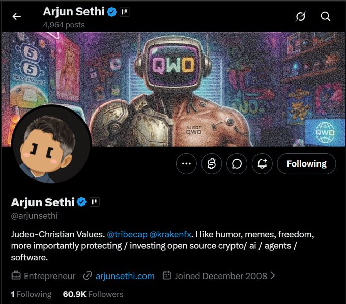 A Twitter/X profile page for Arjun Sethi (@arjunsethi) with a verified badge, showing a banner featuring a retro robot displaying 'QWO', 4,964 posts, 60.9K followers, and descriptions mentioning 'Judeo-Christian Values' and 'AI2DT QWO'.
