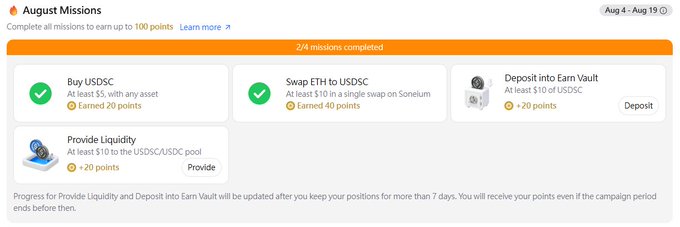 Screenshot of an 'August Missions' dashboard showing 2/4 missions completed, including 'Buy USDC' (20 points earned), 'Swap ETH to USDC' (40 points earned), 'Deposit into Earn Vault', and 'Provide Liquidity', with a progress note at the bottom.