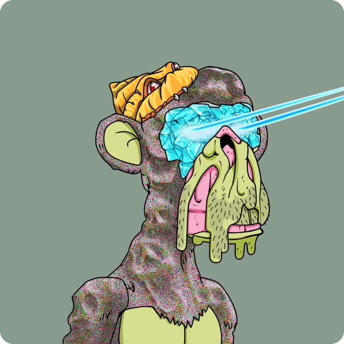 A pixelated, glitch-textured mutant ape with a wide pink open mouth and drooping banana-like features shoots a blue laser beam from its shattered cyan crystal eyes. The wild, distorted artwork visually echoes the post's hype about an absurdly priced "Mutant #1899" NFT, reflecting the chaotic and meme-worthy energy of the crypto art piece.
