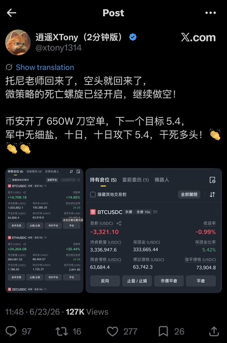 A X (Twitter) post from verified account @xtony1314 dated 6/23/26 showing aggressive short positions with massive unrealized gains: BTCUSDC +14.70%, ETHUSDC +39.44%, and SOLUSDC, accompanied by Chinese text celebrating "MicroStrategy's death spiral" and predicting BTC will fall to 54,000, visually reinforcing the caption about waiting for MicroStrategy's collapse through stacked profit screenshots.