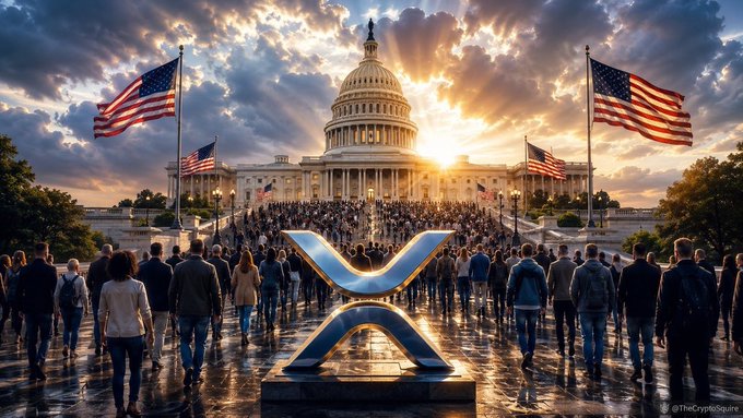 A crowd gathers in front of the U.S. Capitol building, with a large XRP logo centerpiece, symbolizing the crypto community's support for the CLARITY Act. The image visually represents unity and a shared objective at the heart of American governance, aligning with the post's message about the bill's importance.