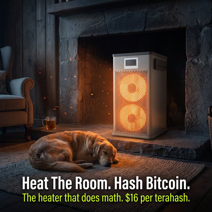 An advertisement image shows a golden retriever sleeping on a rug in front of a glowing Bitcoin mining heater in a fireplace, with text reading 'Heat The Room. Hash Bitcoin.' and 'The heater that does math. $16 per terahash.'