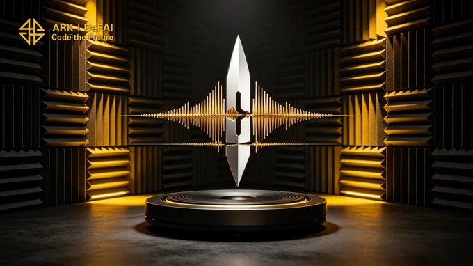 The image features a large black and yellow speaker with a unique design that resembles a wave or sound wave. The speaker is placed on a platform, which could be interpreted as a stage for an event or performance. The background of the image is dark, creating a contrast with the bright colors of the speaker and the platform. The text in the image reads "Every strong community has a voice. Arkie AI App helps ARK users turn that voice into real action - from ideas to content, from tasks to execution, from individual effort to shared ecosystem momentum."