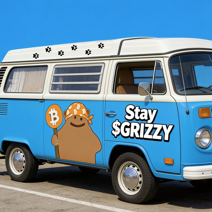 A blue and white van decorated with a cartoon bear wearing a Bitcoin-patterned bandana and holding a Bitcoin pickaxe sign, alongside the text 'Stay $GRIZZY', with paw prints on the white roof section.