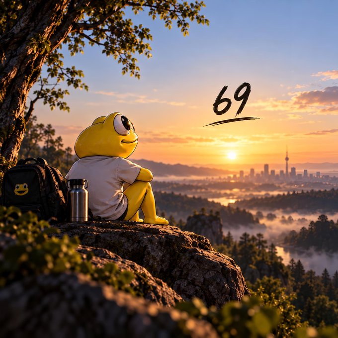 A yellow cartoon frog sits on a cliffside at sunset overlooking a distant city skyline, with the number "69" handwritten in the sky—reflecting the post's reference to $TURBO and its signature "69" tradition.