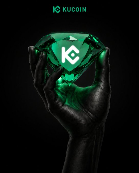A dark-skinned hand holds a glowing green emerald-like gem engraved with the KuCoin "K" logo, set against a black background with the "KuCoin" wordmark displayed at the top. The image visually embodies the post's message of a rock-solid grip on a thriving, profitable crypto portfolio.