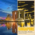 A travel poster titled 'SINGAPORE World's Best City' featuring a nighttime cityscape reflection over water.