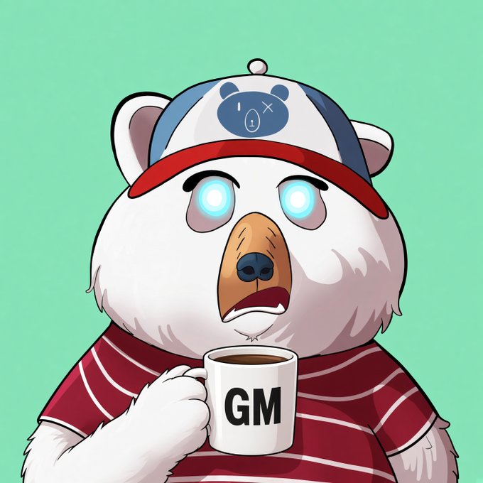 A cartoon polar bear character with glowing blue eyes wears a cap featuring a panda design and a red-and-white striped shirt, holding a white mug labeled 'GM'.
