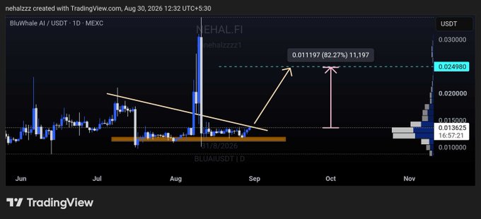 A TradingView chart of the NEHAL.FI / USDT pair on MEXC (created by nehalzzz), showing a multi-month price structure with annotations pointing to a potential +82.27% move to ~0.024980 USDT.