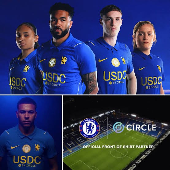 A promotional collage for Chelsea Football Club announcing Circle/USDC as their 'OFFICIAL FRONT OF SHIRT PARTNER', showing players in blue jerseys featuring the 'USDC by Circle' logo.
