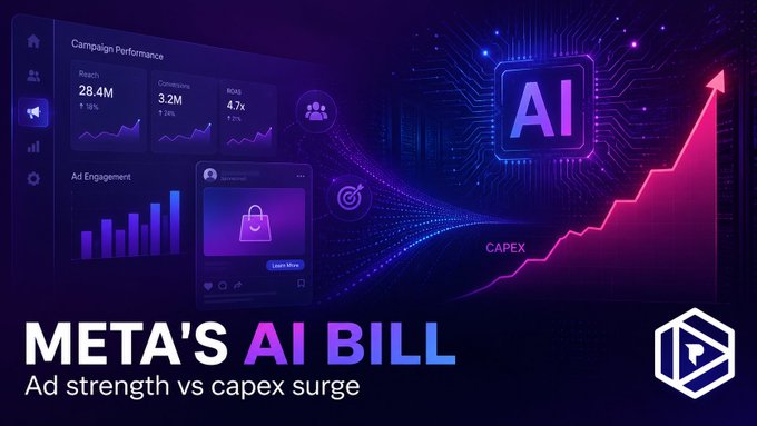 A promotional graphic titled 'META'S AI BILL: Ad strength vs capex surge' showing campaign performance metrics including 28.4M reach, 3.2M conversions, and 4.7x ROI alongside an upward-trending red arrow.