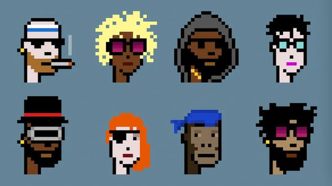 A 2x4 grid of pixel art character headshots featuring various hairstyles and accessories like hats and sunglasses.