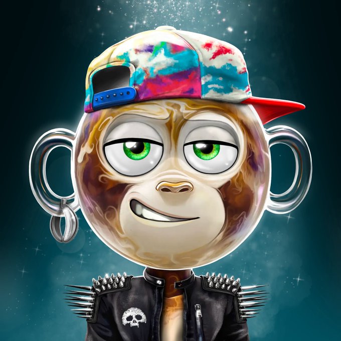 A digital artwork of a 3D cartoonish character with a large spherical head, green eyes, wearing a colorful tie-dye backwards cap and a spiked black leather jacket against a starry dark teal background.