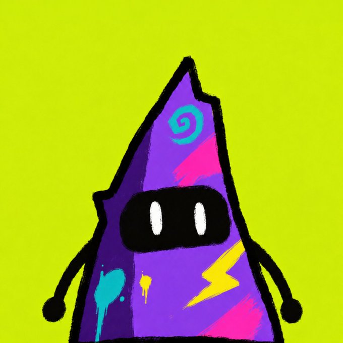 A vibrant digital illustration of a triangular purple character with a black mask, adorned with paint splatters and a yellow lightning bolt, set against a bright yellow-green background.