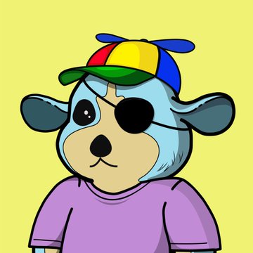 A cartoon bear character wearing a colorful propeller hat and a purple shirt, featuring an eye patch on a yellow background.