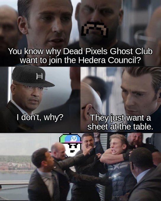A meme featuring characters from Captain America: Civil War with the text: 'You know why Dead Pixels Ghost Club want to join the Hedera Council?' 'I don't, why?' 'They just want a sheet at the table.'