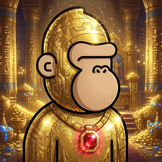 The image features a cartoon monkey wearing a golden outfit, including a necklace with a large red gemstone at its center. The monkey appears to be standing in front of a room filled with gold objects, suggesting that this could be an advertisement for opensea.io or another online marketplace where people can buy and sell valuable items like the one on display. The post asks viewers to "hit gold" by purchasing something from the featured item, which is likely related to the golden outfit worn by the cartoon monkey in the image.