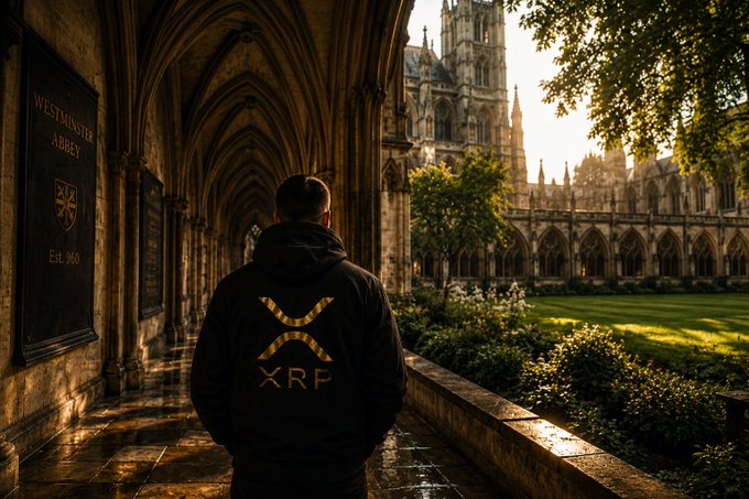 A person wearing a black hoodie with 'XRP' logo stands in the cloisters of Westminster Abbey, with Gothic architecture and a sunlit courtyard visible.