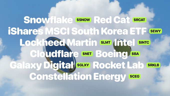 A graphic over a sky background lists stock tickers: Snowflake ($SNOW), Red Cat ($RCAT), iShares MSCI South Korea ETF ($EWY), Lockheed Martin ($LMT), Intel ($INTC), Cloudflare ($NET), Boeing ($BA), Galaxy Digital ($GLXY), Rocket Lab ($RKLB), and Constellation Energy ($CEG).