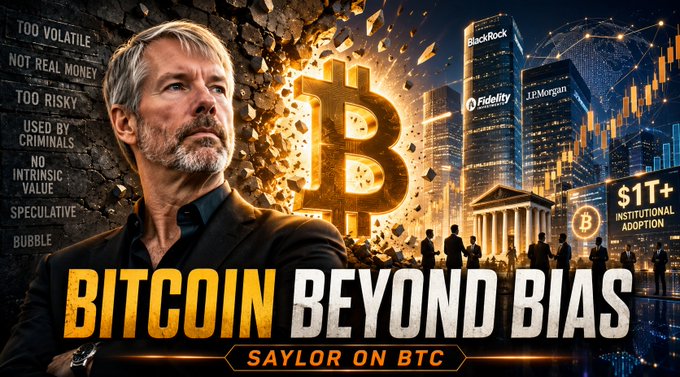 A YouTube thumbnail titled 'BITCOIN BEYOND BIAS - SAYLOR ON BTC' featuring Michael Saylor next to a glowing Bitcoin symbol, surrounded by phrases like 'TOO VOLATILE', 'NOT REAL MONEY', and 'USED BY CRIMINALS', with logos for BlackRock, Fidelity, and JPMorgan in the background.