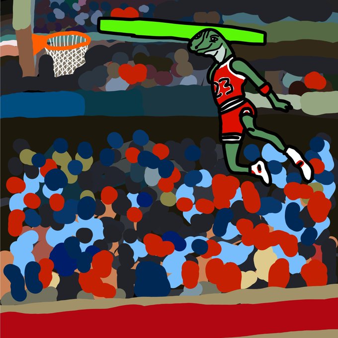A digital artwork depicts a green turtle wearing a red #23 basketball jersey leaping toward a hoop above an abstract, colorful crowd. The piece relates to the post as a live-streamed NFT creation on the Algorand blockchain via Dartroom.