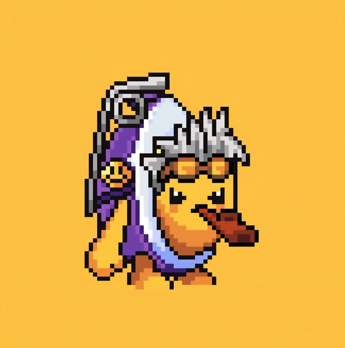 A pixel art character on a yellow background showing a person with white hair wearing purple goggles, a hood, and a pendant.