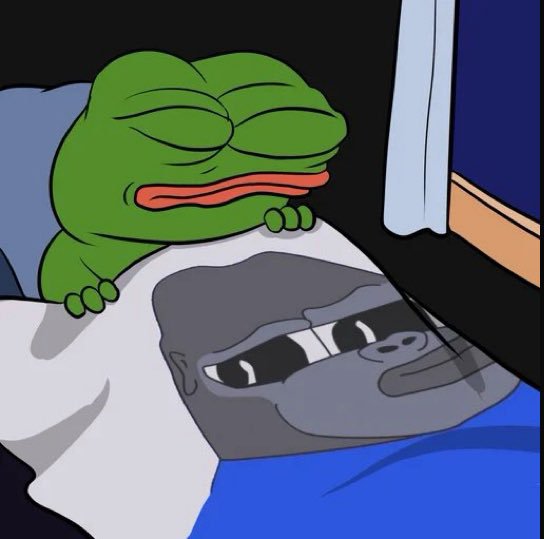 A Peppa Pig edit meme showing the green frog character sleeping on top of a dog character who looks tired or sad.