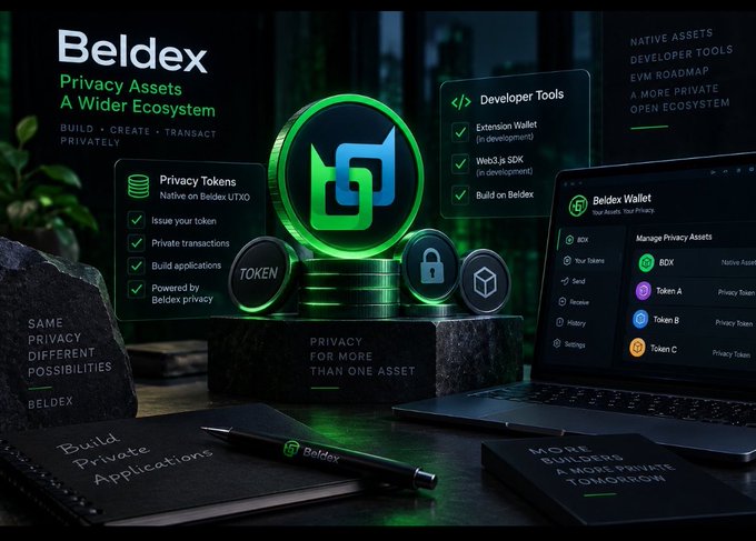 A promotional graphic for Beldex, featuring its green logo and text reading 'Privacy Assets, A Wider Ecosystem,' alongside lists for Privacy Tokens, Developer Tools, and a Beldex Wallet interface.