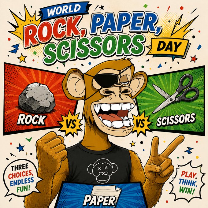 A colorful comic-style illustration celebrating 'World Rock, Paper, Scissors Day' featuring a monkey with an eyepatch wearing a Bored Ape t-shirt, surrounded by rock, paper, and scissors graphics.