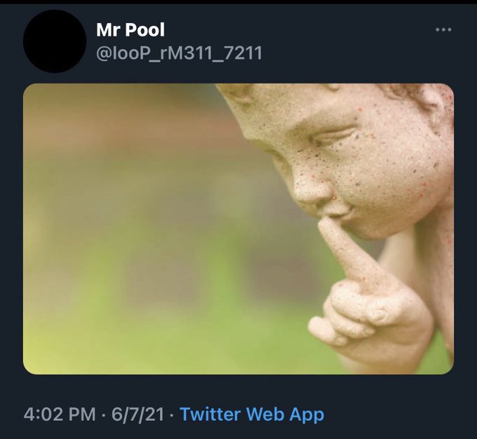 The image is a tweet from "Mr Pool" (@looP_rM311_7211) posted at 4:02 PM on 6/7/21 via Twitter Web App, featuring a weathered cherub statue with its finger held to its lips in a "shhh" gesture. This visual perfectly complements the post's message about not discussing "Moon Club," as the silent statue symbolizes keeping a secret.