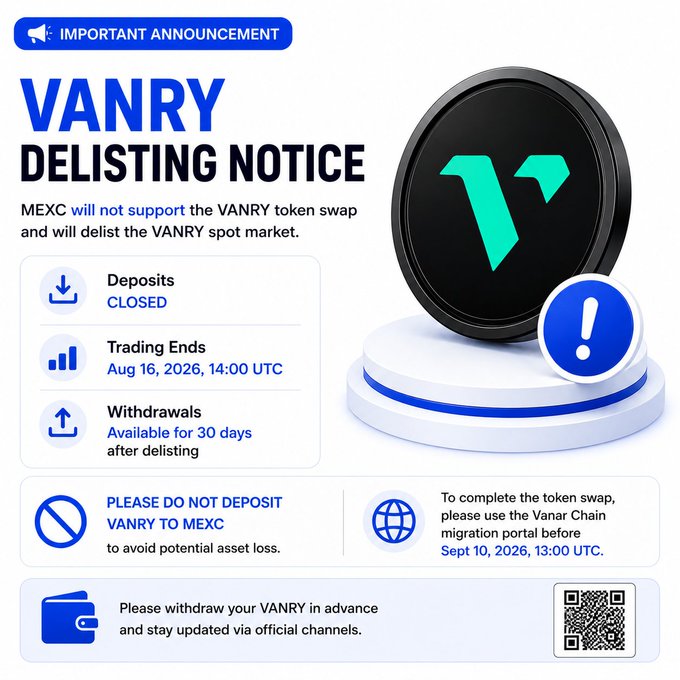 An important announcement notice about the VANRY token delisting from MEXC, stating deposits are closed, trading ends on Aug 16, 2026, 14:00 UTC, and withdrawals are available for 30 days after delisting.