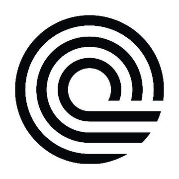 A black circular logo with concentric ring patterns resembling a stylized lowercase 'e' or '@' symbol.