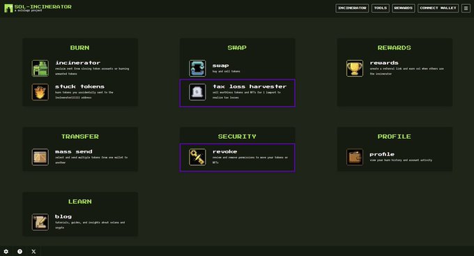 Screenshot of the SOL-INCINERATOR ecosystem interface displaying various tools organized by category, including 'incinerator', 'swap', 'rewards', 'mass send', 'revoke', 'profile', and 'blog'.