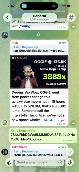 A screenshot of a Telegram chat showing a promotion for 'Astro Degens Vip' by Rick, featuring an image of the OGGIE token at 136.0K with '3888x' gains, claiming the moonshot went from 136K to 528.9M in 16 hours.