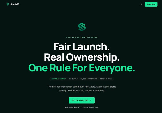 A dark webpage for Stable20, the 'first fair inscription token,' promoting 'Fair Launch. Real Ownership. One Rule For Everyone.' with a 21,000 inscription supply and an 'Enter Stable20' button.