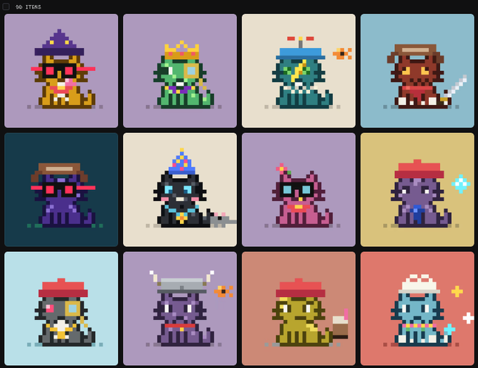 Grid of 12 pixel art NFT character icons featuring various colorful creatures with different accessories, hats, and weapons arranged in a 3x4 layout.