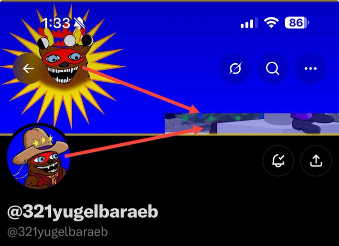 A mobile screenshot displays the social media profile "@321yugelbaraeb" featuring a red cartoon avatar with a bear-like grin, where red arrows point from the small profile picture to a banner image showing the same character peeking out, visually connecting the avatar identity to the banner change on the date referenced in the post.
