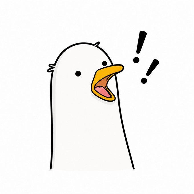 A simple cartoon illustration of a surprised white bird with an open orange beak and black exclamation marks beside its head, conveying shock or excitement. The image humorously responds to "What are we buying today?" with the bird's startled reaction to an unexpected purchase or announcement.