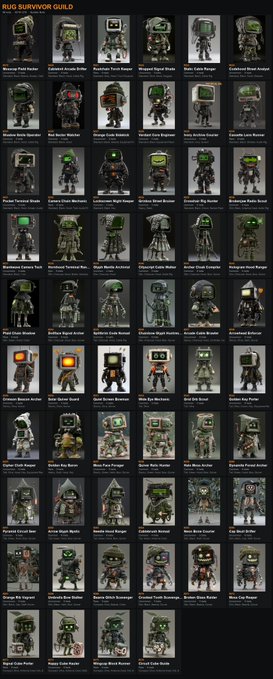A digital collection page titled 'RUG SURVIVOR GUILD' displays a grid of various small, green, CRT-monitor-headed character illustrations.