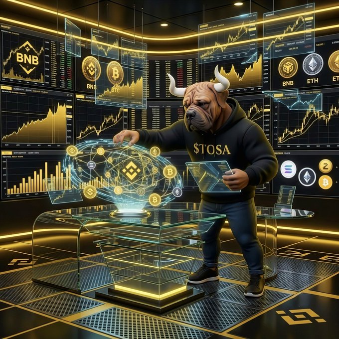 A bull-headed figure wearing a hoodie labeled "STOSA" analyzes cryptocurrency market data in a high-tech trading room filled with charts, floating holographic displays, and prominent BNB and BTC logos. The image visually reinforces the post's message of bullish momentum for $TOSA, depicting the token as a market leader riding the crypto wave alongside BNB on the BNBchain.