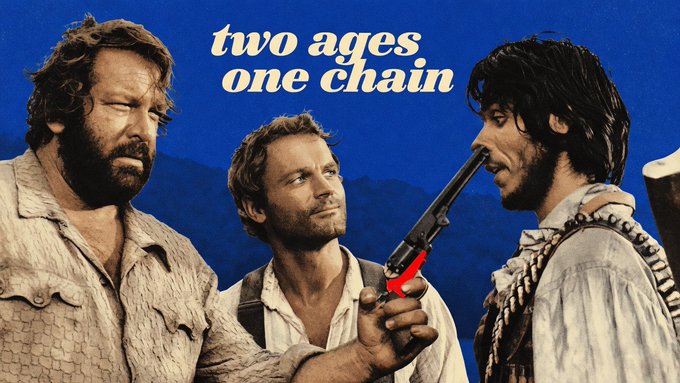 A promotional graphic featuring three men with the text "two ages one chain," where one man holds a gun with a red-tipped barrel pointing at another man's face.