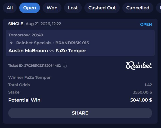 Screenshot of a Rainbet sports betting slip showing a $3550 wager on FaZe Temper vs Austin McBroom (BRANDRISK 015) with 1.42 odds and a potential win of $5041, status OPEN.