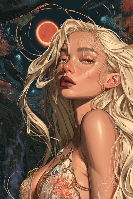 A detailed digital illustration of a woman with long flowing blonde hair, closed eyes, and ornate gold and jewel-adorned attire, set against a dark background with a red moon and abstract elements.