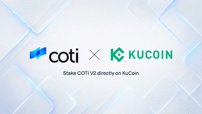 The image is a promotional graphic announcing the partnership between COTI and KuCoin, featuring both company logos side-by-side with an "X" between them to signify collaboration, and the tagline "Stake COTI V2 directly on KuCoin" beneath. The clean white and blue design visually reinforces the announcement of COTI staking now being available on KuCoin's platform.